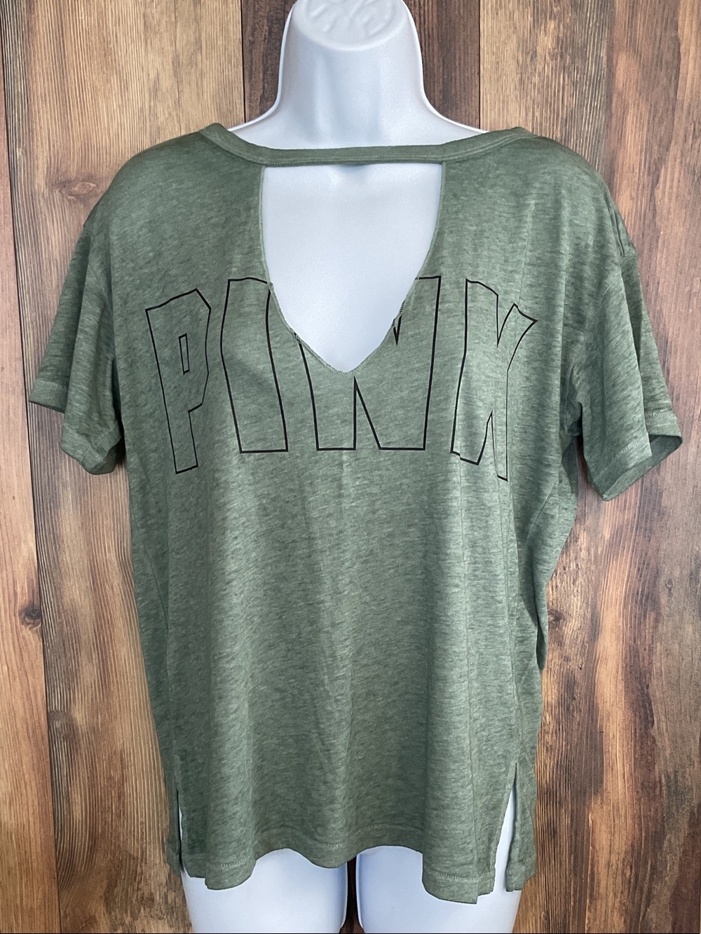 PINK Victoria's Secret Olive Green Short Sleeve V-Back Cutout Oversized Tee XL
